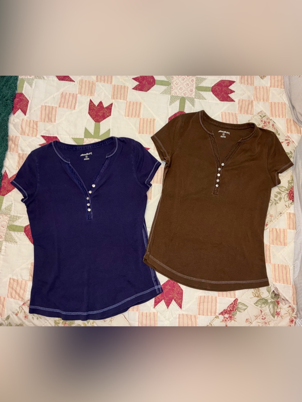 Eddie Bauer Short Sleeve Henley Tees - Navy & Brown